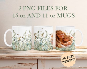 Photo Mug Wrap For 1 Picture, Personalized Mug Png For 11 oz, 15oz, Wildflowers Photo Mug Wrap Sublimation Design, Photo Coffee Mug Template