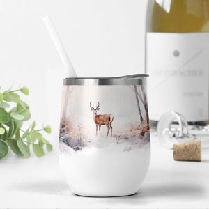 12 oz Weinbecher Wrap Designs, Winterlandschaft Png für Sublimationsentwürfe, Weinbecher Vorlage mit Hirsch, Natur 12 oz Tumble Png