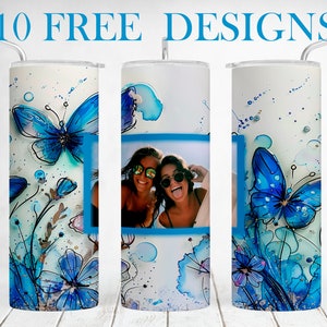 Diseños de sublimación de vasos con foto para vasos delgados de 20 oz. Envoltura de vaso de mariposa azul con una sola imagen sin costuras. Regalo personalizado para mamá.