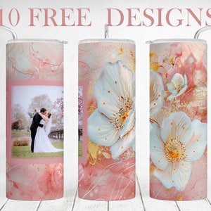 Hochzeitsfoto Tumbler Wrap für 1 Bild 20 OZ Skinny Tumbler PNG mit Single Frame Glitter Pink weiße Blumen Sublimation Designs Nahtlos