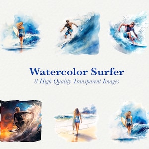 Surfing Clip Art Watercolor Surfer Clipart Bundle Beach Illustration Digital Wall Art Card Making Scrapbooking Junk Journal Digital Prints