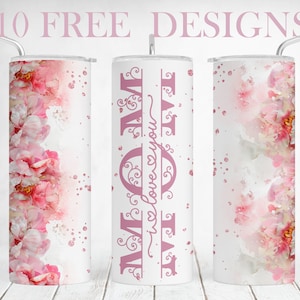 Sjabloon moederbeker voor Moederdag sublimatieontwerpen, 20 OZ magere beker wrap voor moeder, ik hou van je moeder png-bestanden, roze pioenrozen, naadloos