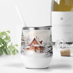 12 oz wijnbeker wrap ontwerpen, winterlandschap png voor sublimatie ontwerpen, sjabloon wijnbeker vakantie, 12 oz beker png met cabine