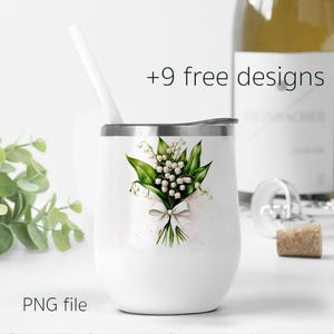 Emballage pour verre à vin PNG | Sublimation pour gobelet de 12 oz | Emballage de coupe de vin de muguet | Motif fleur de naissance de mai | Cadeau personnalisé pour maman
