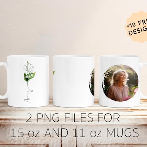 Envoltorio de taza con foto personalizado con flor de nacimiento de mayo, lirio de los valles (PNG), diseño de sublimación para el Día de la Madre, taza de café personalizable, regalo para mamá