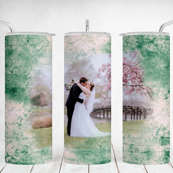 20 oz Tumbler Wrap With One Photo Frame, Image Tumbler With Single Picture, Seamless Png File For Sublimation Design, Green Tumbler Template