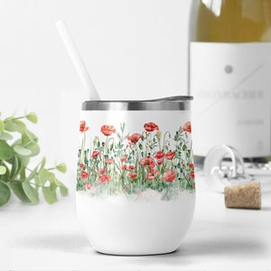 Emballage de gobelet à vin avec coquelicots rouges Gobelet à vin floral png pour sublimation de mariage Modèle de gobelet à vin coquelicot 12 oz tasse à vin png