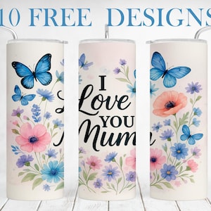 Emballage de gobelet pour maman 20 oz, tasses skinny 20 oz, téléchargements de modèles de sublimation fête des mères, gobelet papillon png avec fleurs sauvages, modèle sans couture