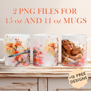 Design a sublimazione per tazze con foto personalizzate in formato PNG, per tazze da caffè da 15 e 11 once, modello con libellula, design personalizzabili per tazze con foto.