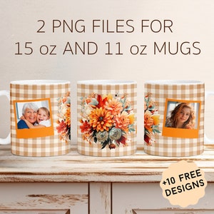 Modèle de tasse photo personnalisé avec 2 cadres, motifs à sublimation pour tasse à café photo 15 oz et 11 oz fleurs d'automne emballage pour tasse cadeaux grand-mère