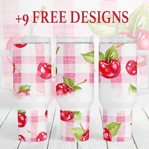 Cherry Tumbler Png, 40 Unzen Tumbler Sublimationsentwürfe, Summer Vibes Tumbler Wrap, Pink, Weiß karierte 40 Unzen Tumbler Vorlage, Geschenk für Mama