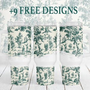 40 oz beker wrap Cottagecore beker sjabloon groen wit chinoiserie toile png sublimatie ontwerpen downloads voor 40 oz blusbekers