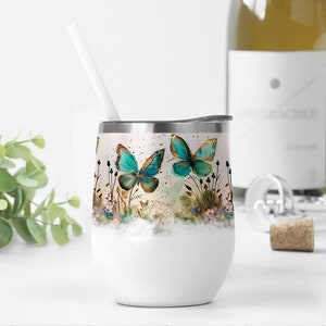 Butterfly 12 oz Wine Tumbler Wrap With Gold Glitter Mother&#39;s Day Sublimation Designs For 12oz Wine Tumblers, 12 oz Wine Cup Template For Mom