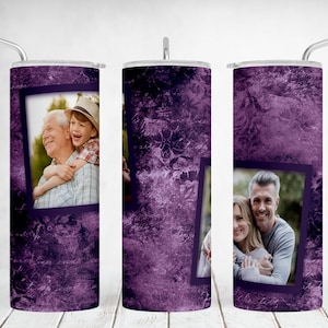 Diseño de sublimación de vaso de fotos Marco de dos fotos Png para taza de 20 oz Envoltura de vaso púrpura para 2 imágenes Plantilla cónica recta sin costuras