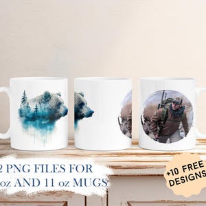 Fotobecher Wrap Png für Männer Becher Sublimationsdesigns mit Grizzlybär Kaffeetasse Vorlage Tierbecher Designs personalisiertes Geschenk für Jäger
