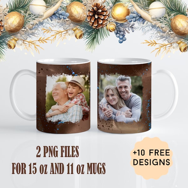 Photo Template Mug With 2 Frames 15 oz, 11 oz Cups, Men Picture Mug Wrap Png For Sublimation Designs, Coffee Mug Png With 2 Picture Frames