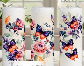 Buttefly Tumbler Wrap Png, Sublimation Designs Downloads For 20OZ Skinny Cups, Mothers Day Tumbler Designs With Flowers, Seamless Template