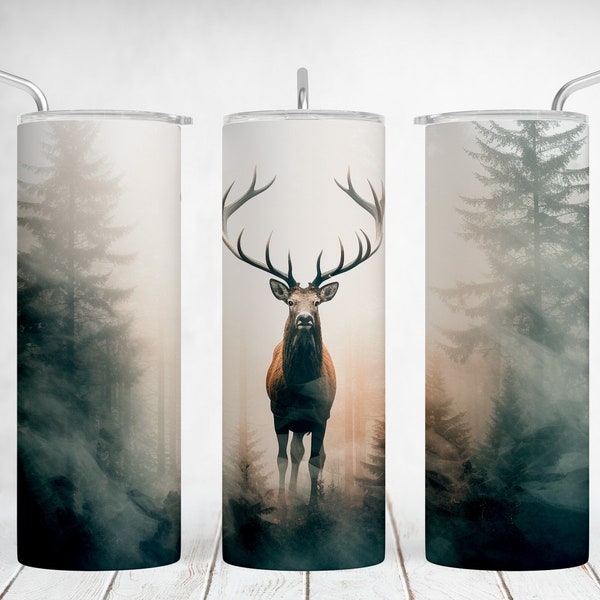 Nature Tumbler Wrap Designs With Deer, 20o z Skinny Tumbler Png, Hunting Tumbler Sublimation For Men Designs, Straight, Tapered Template