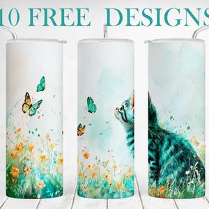 Cat Tumbler Wrap With Flowers Butterflies Sublimation Designs For 20 oz Skinny Cups Pet Tumbler Png Gift For Cat Lover Seamless Template