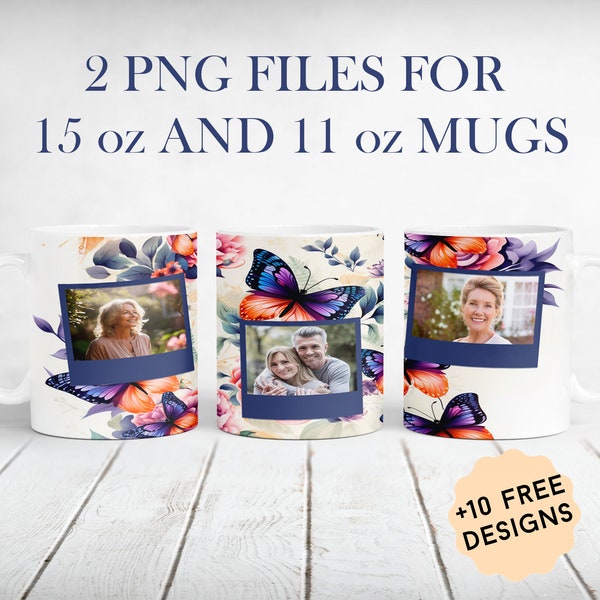 11 oz Photo Mug Template With 3 Frames, 15 oz Mug Wrap For 3 Pictures, Mug Sublimation Designs, Floral Coffee Mug Png Gift For Grandma