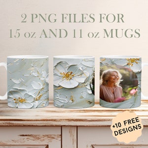 Envoltura de taza con foto para una imagen, taza png para 11 oz, 15 oz, diseños de sublimación de taza de flores blancas, plantilla de taza de café con foto, diseños de boda