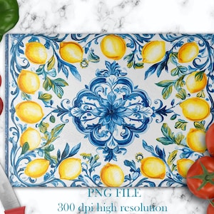 Plantilla de tabla de cortar, archivos PNG de limones amarillos para diseños de sublimación, tabla de cortar PNG, diseños de tablas de cortar de vidrio, regalos para casa nueva