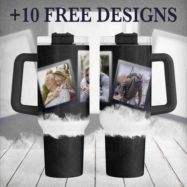 40 oz Picture Tumbler Wrap For Men, Photo Quencher Tumbler Png For Sublimation Design, Black Tumbler Template For 3 Photos, Gift For Him