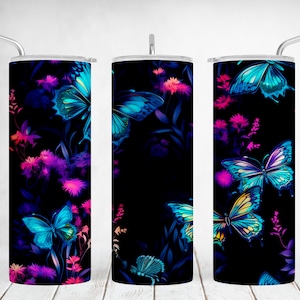 Schmetterlings-Becher-Verpackung, Mama 20-Unzen-Becher-Png-Dateien Sublimationsdesigns-Downloads, 20-Unzen-dünne Schale mit Neonblumen, nahtlose Vorlage