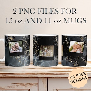 Photo Mug Wrap For 3 Pictures For Man, 15 oz Mug Wrap Sublimation Designs, Black Memorial 11oz Coffee Mug Template, Dad Picture Mug Png