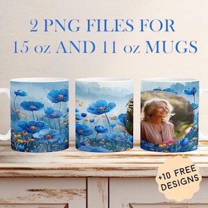 Envoltório de caneca com foto para uma única imagem, caneca PNG para copos de 11 oz, flores azuis 15 oz para designs de sublimação, modelo de caneca de café com foto