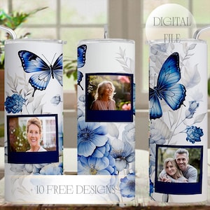Picture Tumbler Wrap With 3 Frames Butterfly Flowers Photo Tumbler Png Files For Sublimation Designs For 20 OZ Cup Seamless Straight Tapered