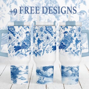 40 oz Tumbler Wrap Blauw Wit Chinoiserie Toile Tumbler Template Franse Toile de Jouy Png-sublimatieontwerpen voor 40oz Quencher Cups