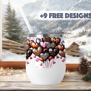 Envoltura para vaso de vino Globos de aire con corazones rosados y negros Diseños de sublimación PNG Plantilla para vaso de vino de 12 oz Vaso de vino para el día de San Valentín Png