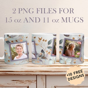 Sjabloon fotomok van 15 oz met 2 frames 11 oz mokomslag voor twee foto's Mok sublimatie ontwerpen bloemen koffiemok png-cadeau voor oma