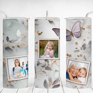 3 Molduras para Copos Envoltório 3D Borboleta Foto Copo Png Com 3 Fotos Dia das Mães Designs de Sublimação Para Copos Finos de 20OZ Sem Costura