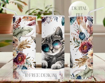 Cat Tumbler Wrap, 20oz Skinny Tumbler Png, Sublimation Designs With Flowers, Seamless Template, Unique Christmas Gift For Cat Mom