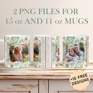Modello per tazza fotografica con 2 cornici per 15 oz e 11 oz, file PNG per tazze con foto di anniversario per disegni a sublimazione, modello per tazza da caffè Cottagecore