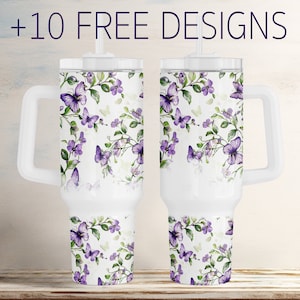 40 oz Tumbler Png, Cottagecore 40 oz Tumbler Sublimationsentwürfe, lila Schmetterlinge Tumble Wrap Designs für Mama, Geburtstag Tumbler Vorlage