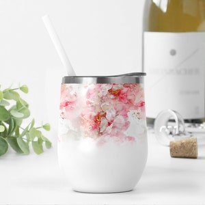 Wine Tumbler Wrap Png With Pink Flowers Summer Sublimation Design For Wine Cups Floral Tumbler Template For 12 oz Wine Cup Wedding Design