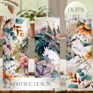 Dragon Tumbler Wrap Floral 20 OZ Skinny Tumbler Png Celestial Sublimation Designs Downloads For Seamless Tumbler Zodiac Sign Gifts
