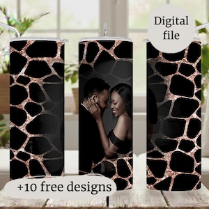 May include: A set of three stainless steel tumblers with a black and rose gold abstract pattern. One tumbler features a photo of a couple. The tumblers have the text "Digital file" and "+10 free designs".