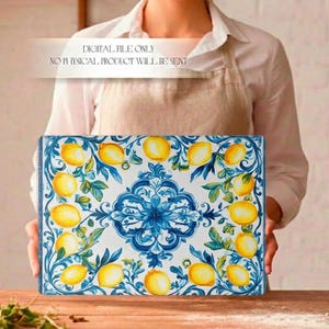 May include: A rectangular decorative tray with a white background, featuring a blue floral design and yellow lemons. The tray has a border of blue leaves and lemons. The text "DIGITAL FILE ONLY, NO PHYSICAL PRODUCT WILL BE SENT" is at the top.