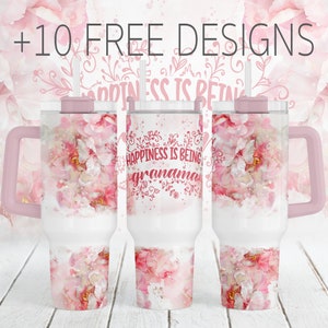 Grandma Tumbler Wrap For 40 oz Cups, Personalised Tumbler Sublimation Tumbler Designs, 40oz Quencher Tumbler Template With Pink Flowers