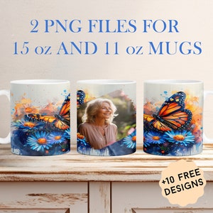 1 emballage de tasse photo avec un cadre, image personnalisée pour grand-mère, sublimation, modèle de tasse à café avec papillon