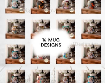 May include: 16 different mug designs featuring various images and patterns. The mugs are white with a handle and are displayed on a wooden surface.