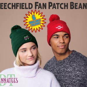 May include: Two people wearing beanies. One is wearing a green beanie with a logo patch, the other is wearing a red beanie with a logo patch. The text "BEECHFIELD FAN PATCH BEANIE" is at the top. A yellow burst graphic says "6 AVAILABLE COLOURS".