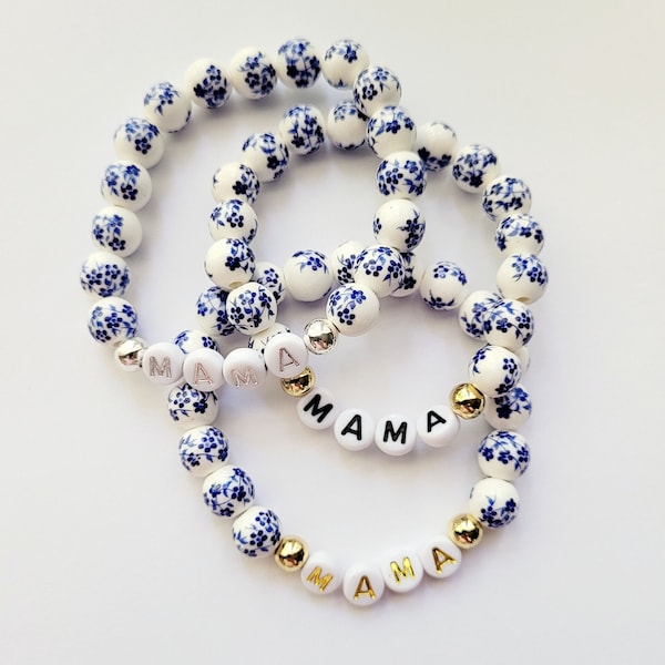 Blue Floral Porcelain Beaded Name Bracelet