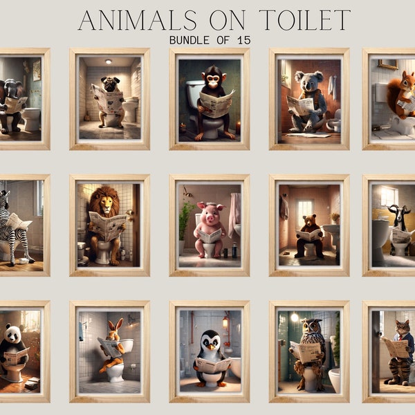 Animaux assis sur les toilettes lisant un journal- Paquet de 15 tirages humoristiques-Imprimables pour la maison -Décor mural de salle de bains-IA créé- Numérique