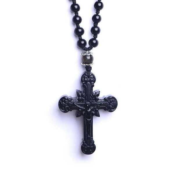Natural Obsidian Stone Pendant Carved Cross Amulet Pendant Necklace for Men and Women