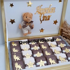 Personalized Teddy Bear Chocolate&Custom Chocolate Boxes:Baby Boy Favors,Shower Favours.Acrylic Name Tag,Baby Shower Ideas.Birthdays,Baptism